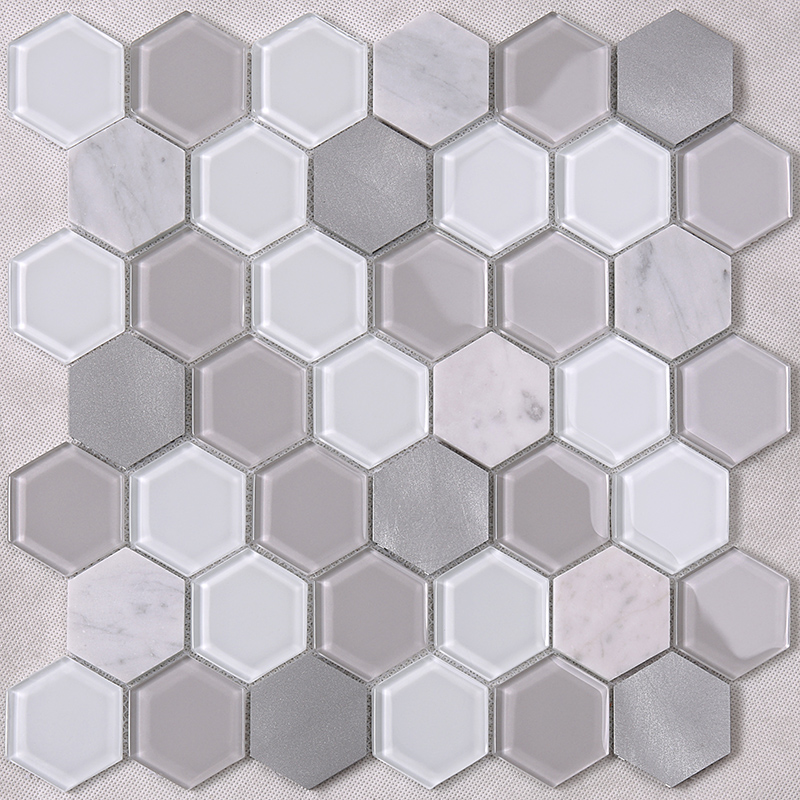 Grey Hexagon Backsplash Glass Tile mix Aluminum Alloy and Marble Back Splash Mosaic Tile  HSL41