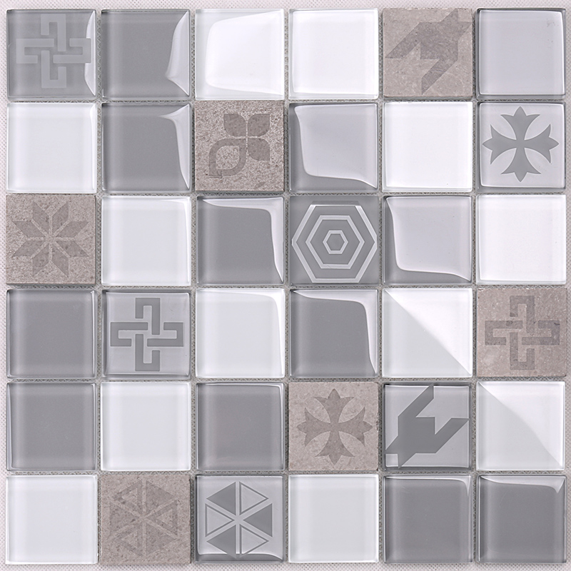 Hot Sale Light Grey Engraved Pattern Crystal Glass Mixed Marble Mosaic Tile HSP06