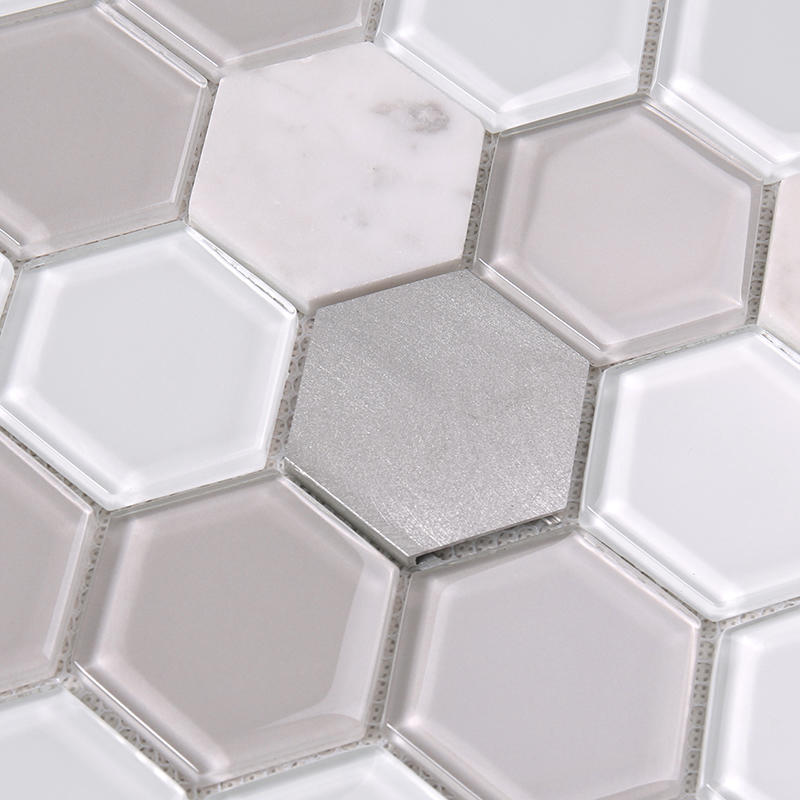 Grey Hexagon Backsplash Glass Tile mix Aluminum Alloy and Marble Back Splash Mosaic Tile  HSL41