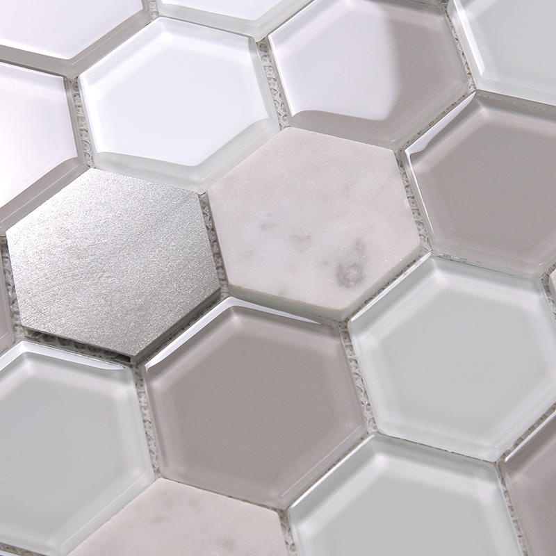 Grey Hexagon Backsplash Glass Tile mix Aluminum Alloy and Marble Back Splash Mosaic Tile  HSL41