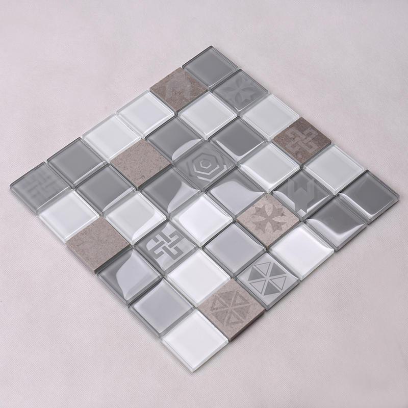 Hot Sale Light Grey Engraved Pattern Crystal Glass Mixed Marble Mosaic Tile HSP06