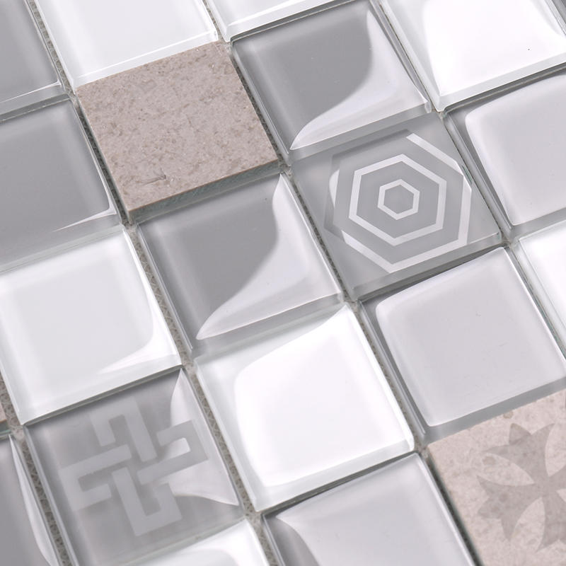 Hot Sale Light Grey Engraved Pattern Crystal Glass Mixed Marble Mosaic Tile HSP06