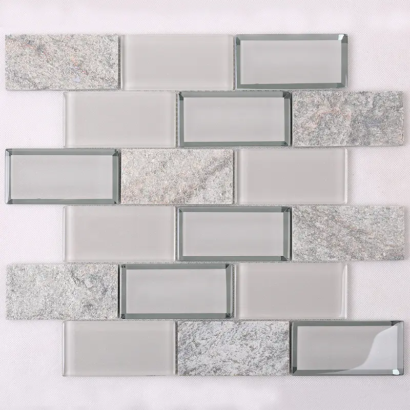 Simple Grey Beveled Glass Mix Stone Mosaic Tile  HMB23