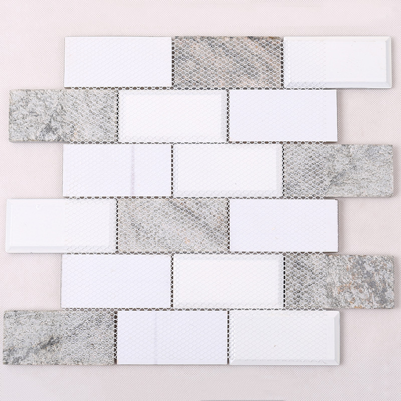 Simple Grey Beveled Glass Mix Stone Mosaic Tile  HMB23