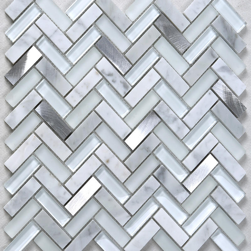 Heng Xing-White Herringbone Glass Stone Metal Mosaic Yms37 | Pool Glass Tile Company-2
