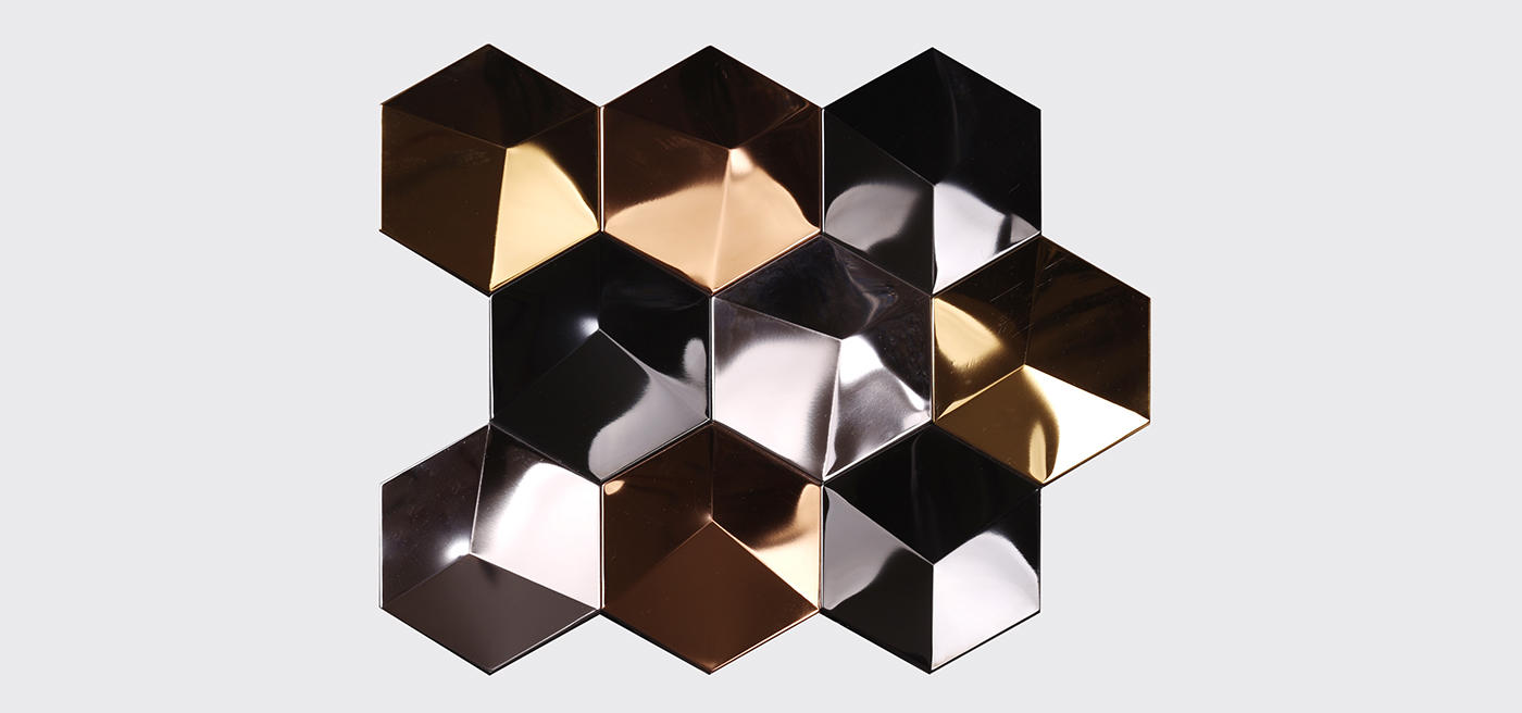 Heng Xing-Metal Backsplash 3d Effect Golden Hexagon Stainless Steel Metal Mosaic