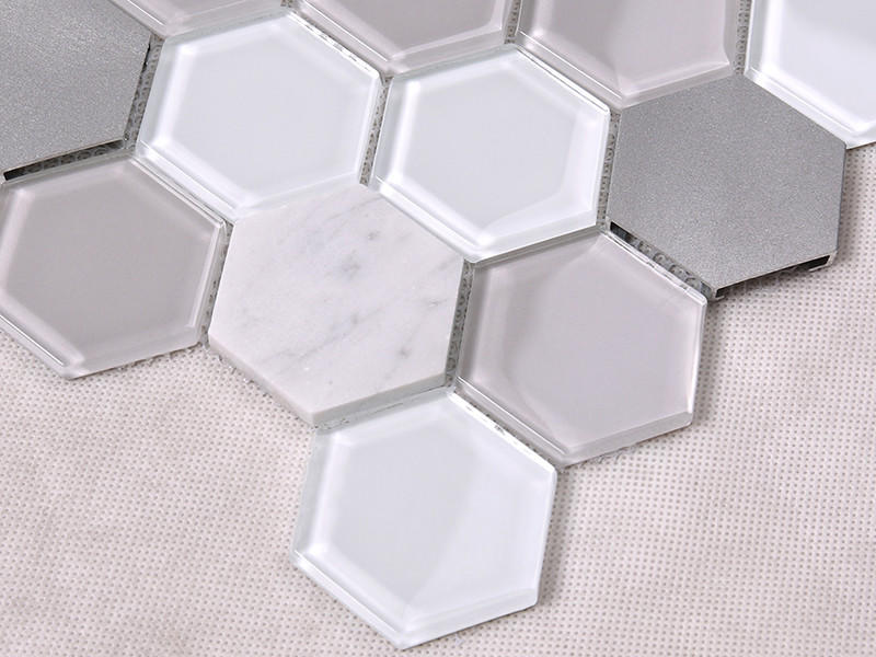 Heng Xing-Grey Hexagon Glass Mix Aluminum Alloy Marble Mosaic Tile-1