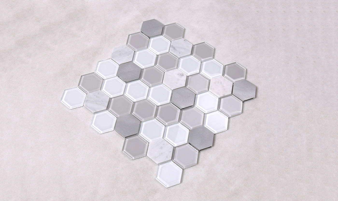 Heng Xing-White Pool Tile, Grey Hexagon Glass Mix Aluminum Alloy And Marble Back