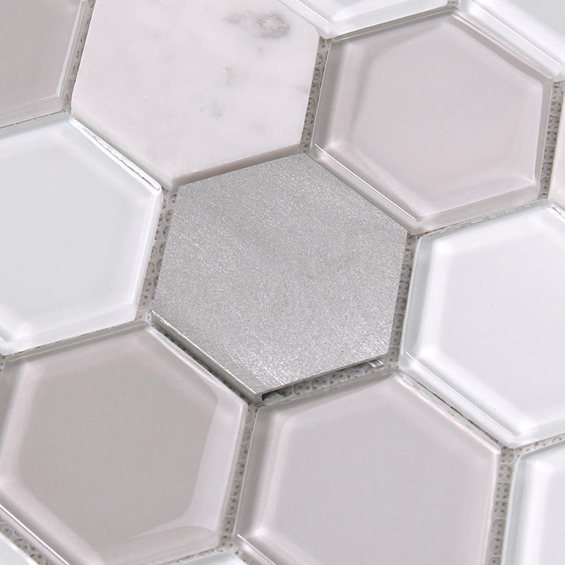 Heng Xing-Grey Hexagon Glass Mix Aluminum Alloy Marble Mosaic Tile-2