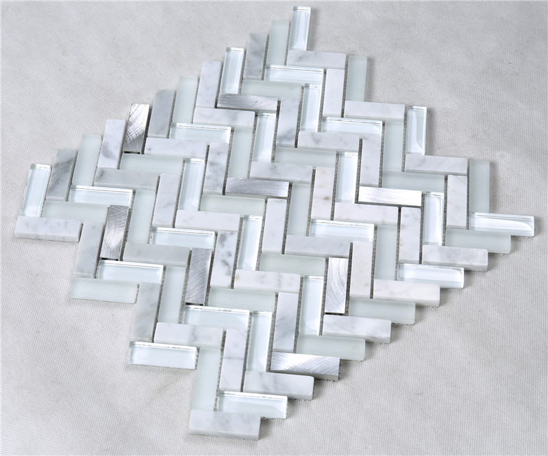 Silver Herringbone Shape Alloy Stone Crystal Metal Glass Mosaic TIle YMS37