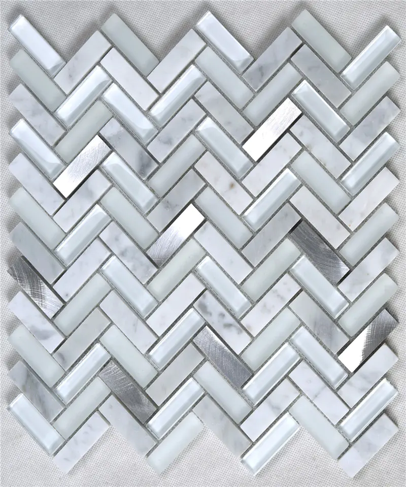 Silver Herringbone Shape Alloy Stone Crystal Metal Glass Mosaic TIle YMS37