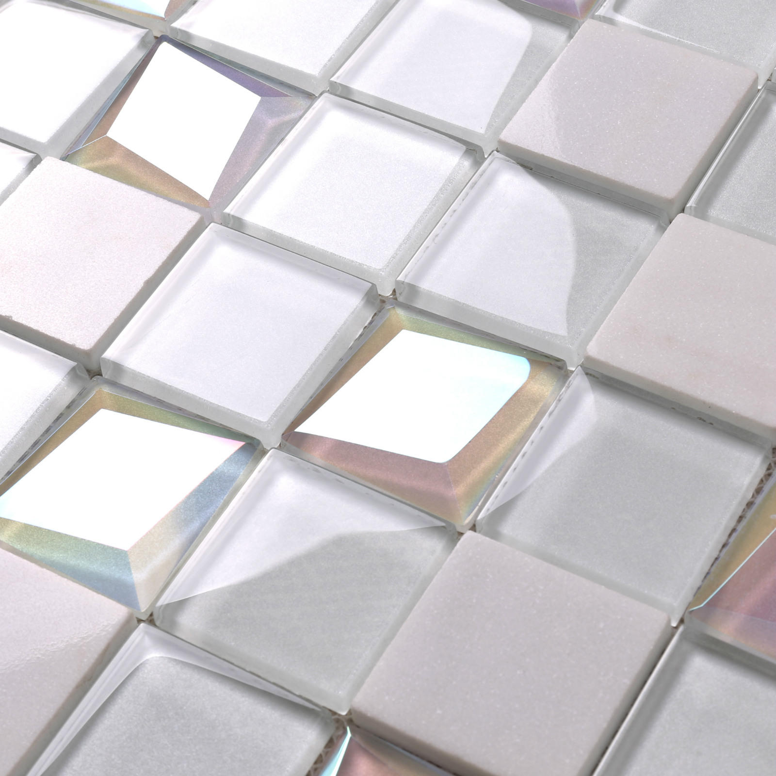 HMB62 Parquet White 3D Beveled Glass Mix Stone Mosaic Tile