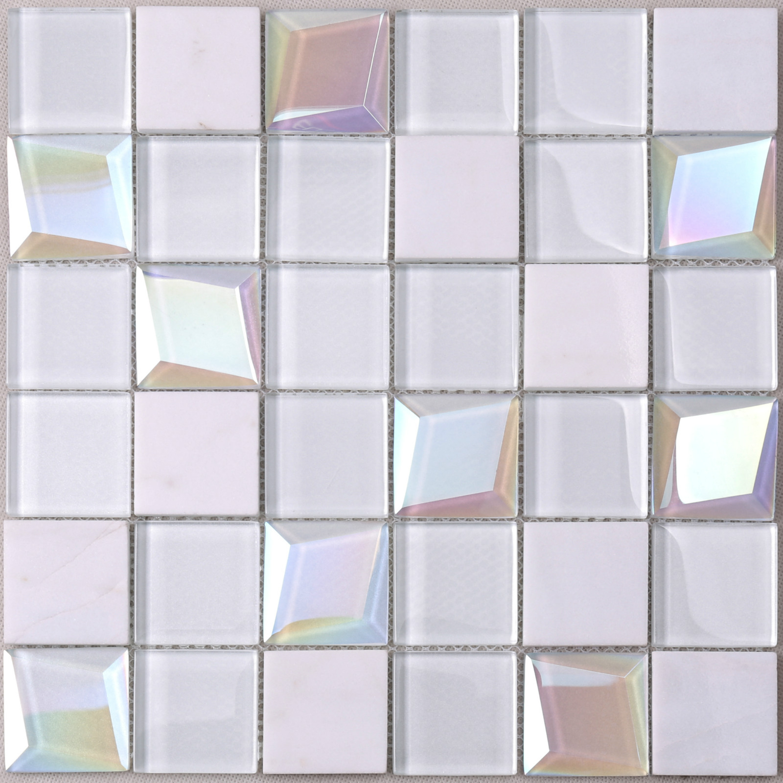 HMB62 Parquet White 3D Beveled Glass Mix Stone Mosaic Tile