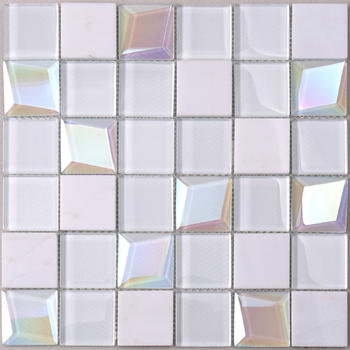 HMB62 Parquet White 3D Beveled Glass Mix Stone Mosaic Tile