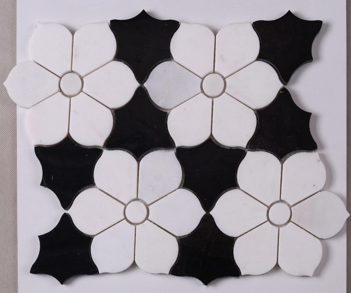 HSC62 White Mixed Black Flower Shape Marble Mosaic Backsplash Tile