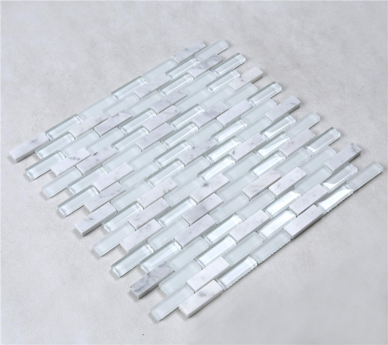 Super White Glossy Matt Rectangle Glass Mixes Stone Mosaic Tiles For Wall