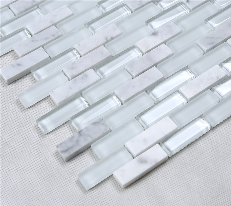 Super White Glossy Matt Rectangle Glass Mixes Stone Mosaic Tiles For Wall