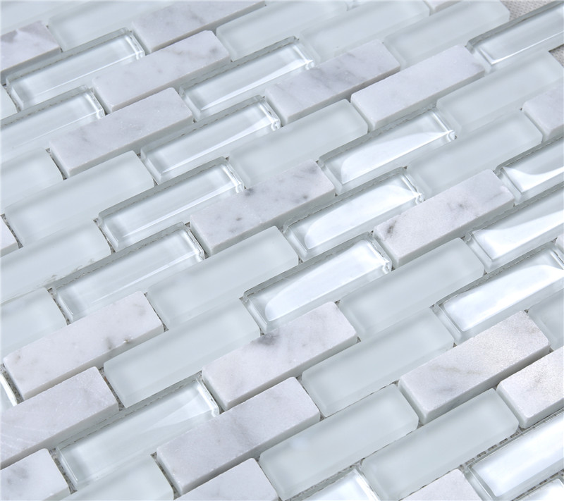 Super White Glossy Matt Rectangle Glass Mixes Stone Mosaic Tiles For Wall