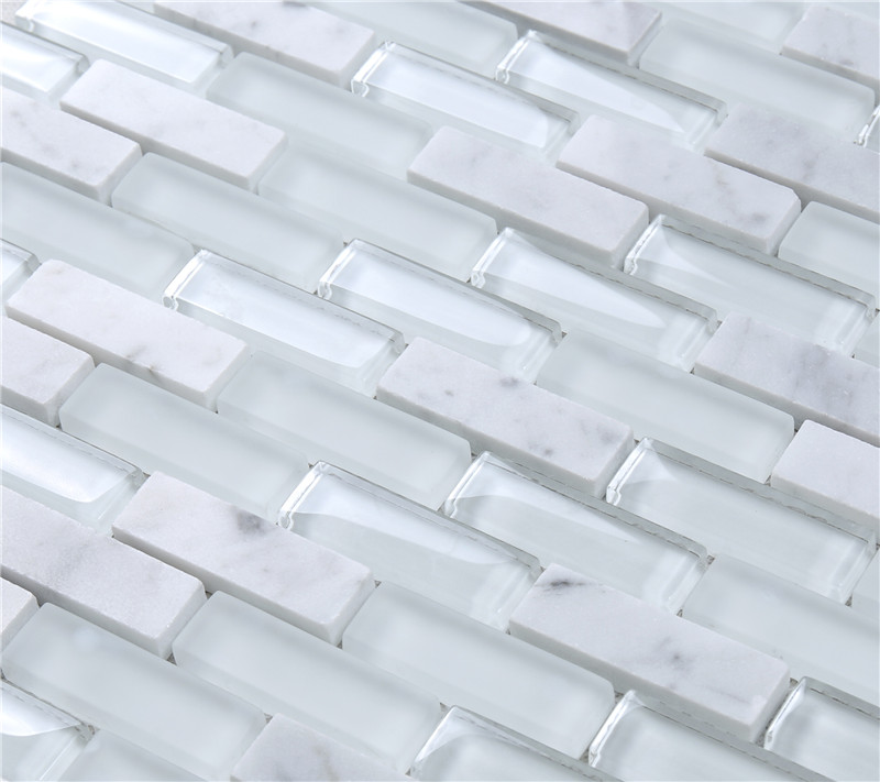 Super White Glossy Matt Rectangle Glass Mixes Stone Mosaic Tiles For Wall