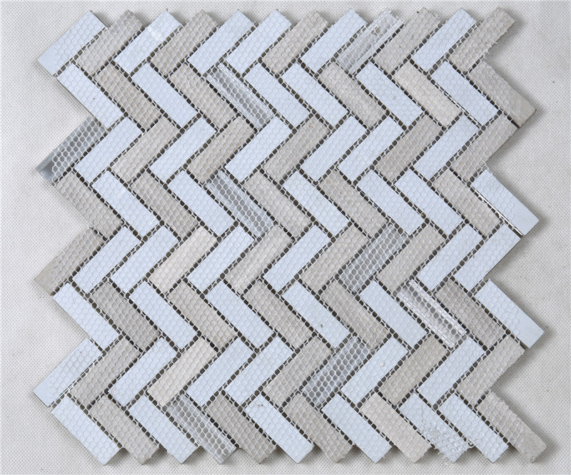 Herringbone Brown Glass Mix Stone Metal Mosaic Tiles Decorative Tiles