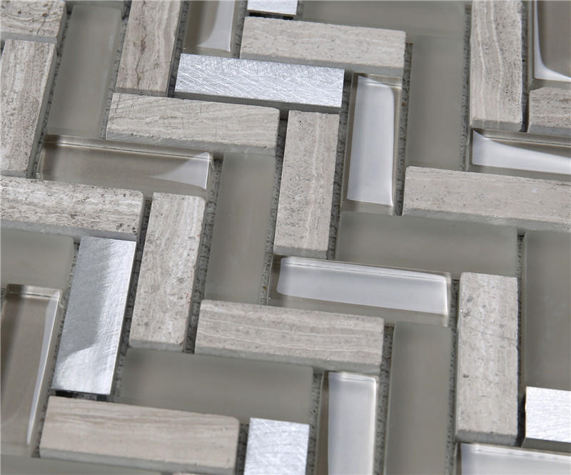 Herringbone Brown Glass Mix Stone Metal Mosaic Tiles Decorative Tiles