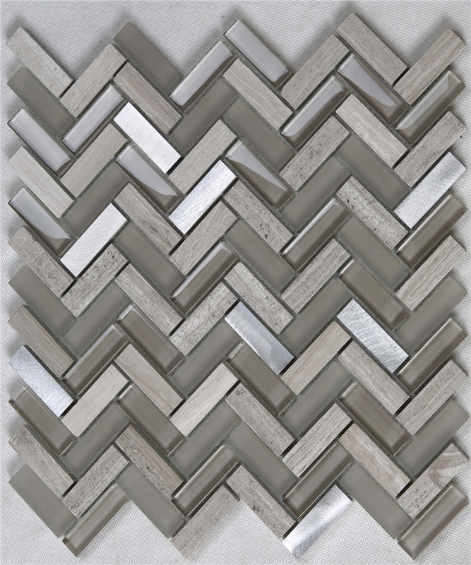 Herringbone Brown Glass Mix Stone Metal Mosaic Tiles Decorative Tiles