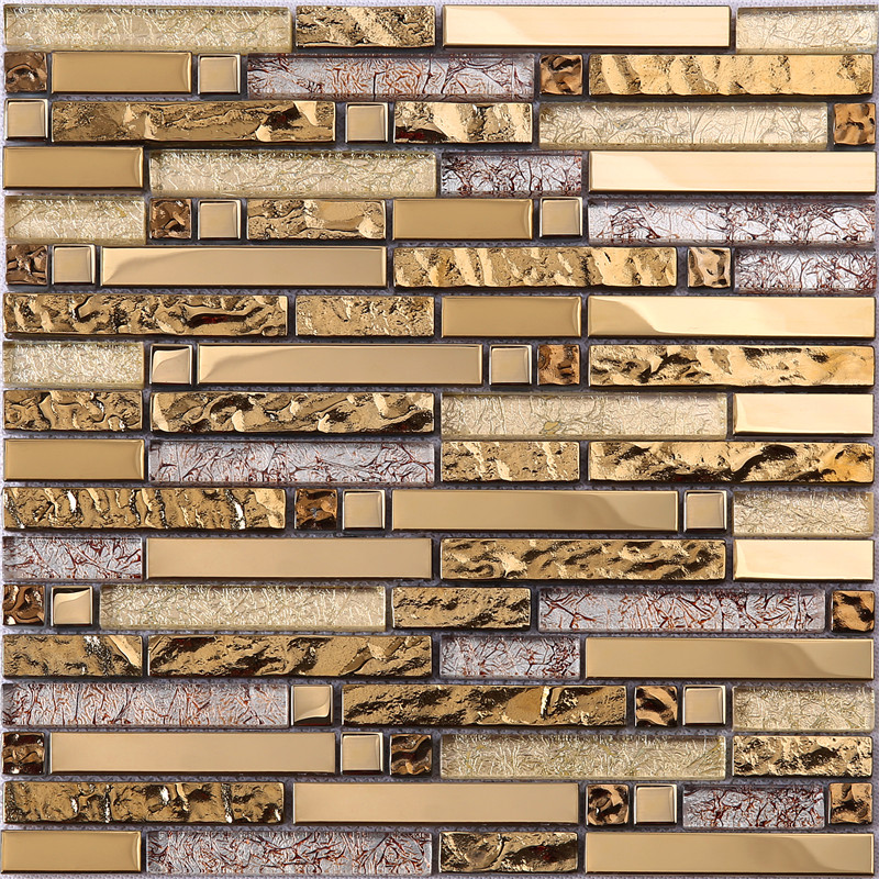 3D Gold Foil Glass Mixes Metal Mosaic Tiles For Wall Decoration