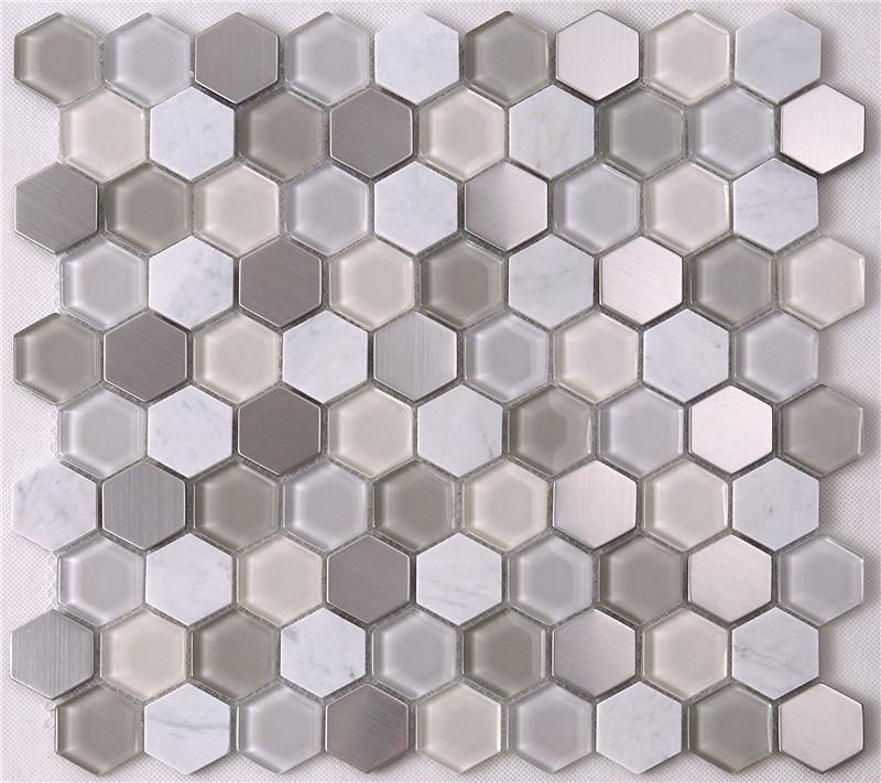 Modern Hexagon Glass Mixed Stone Mosaic Tiles HSL37