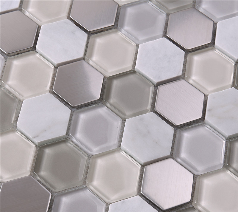 Modern Hexagon Glass Mixed Stone Mosaic Tiles HSL37