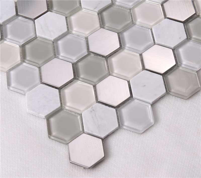 product-Modern Hexagon Glass Mixed Stone Mosaic Tiles HSL37-Heng Xing-img
