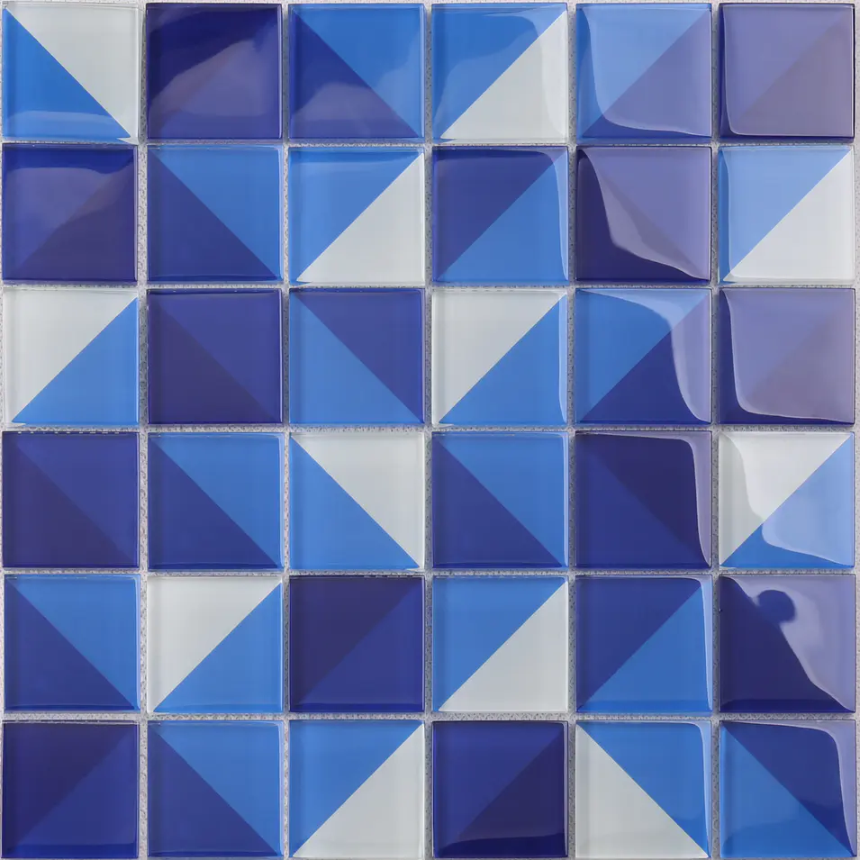 Classic Style Artistic Square Blue Glass Pattern Swimming Pool Tile HT04