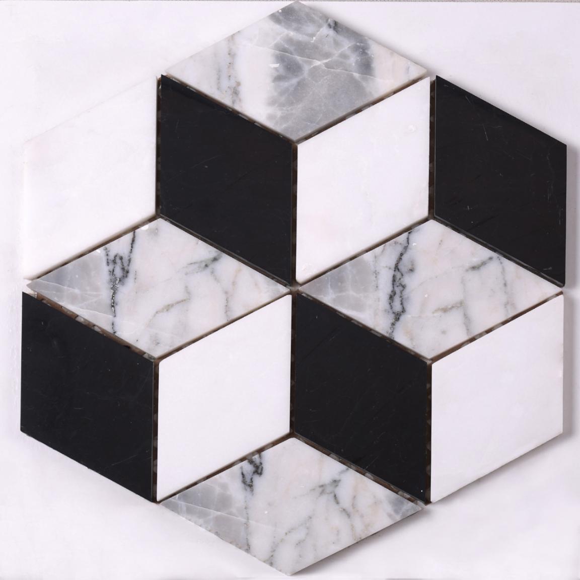 HSC115 Factory Direct Sale White Mixed Black 3d Marble Mosaic Floor Tile