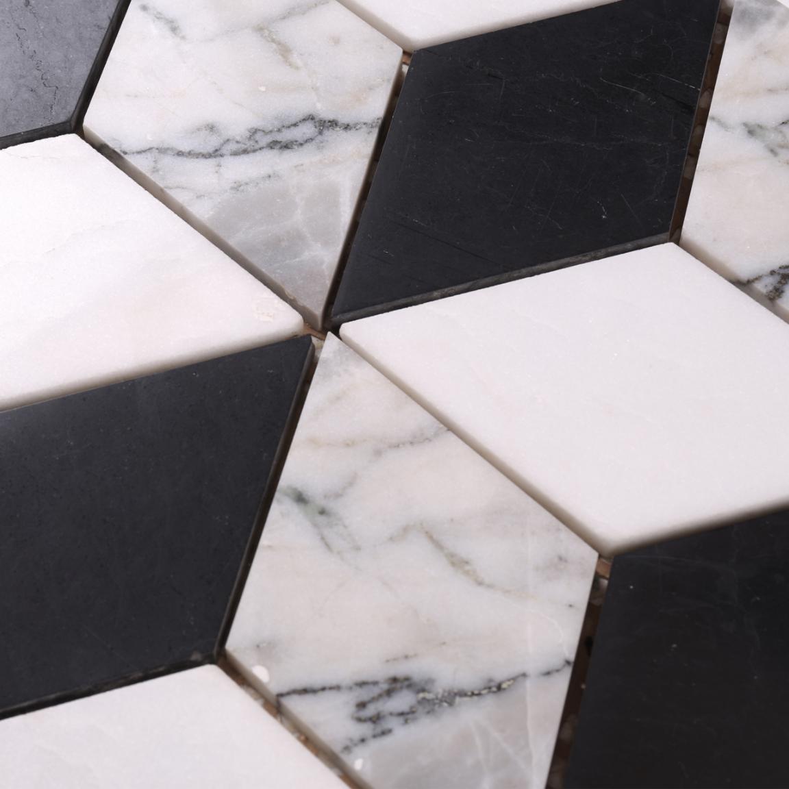 HSC115 Factory Direct Sale White Mixed Black 3d Marble Mosaic Floor Tile