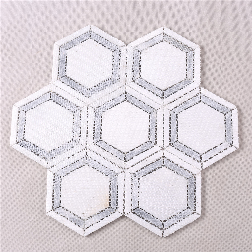 Hexagon White Mixed Gray Strip Marble Mosaic Tile HSC79