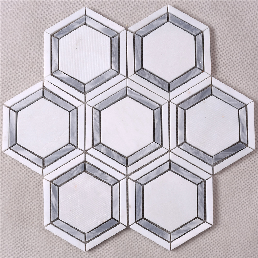 Hexagon White Mixed Gray Strip Marble Mosaic Tile HSC79