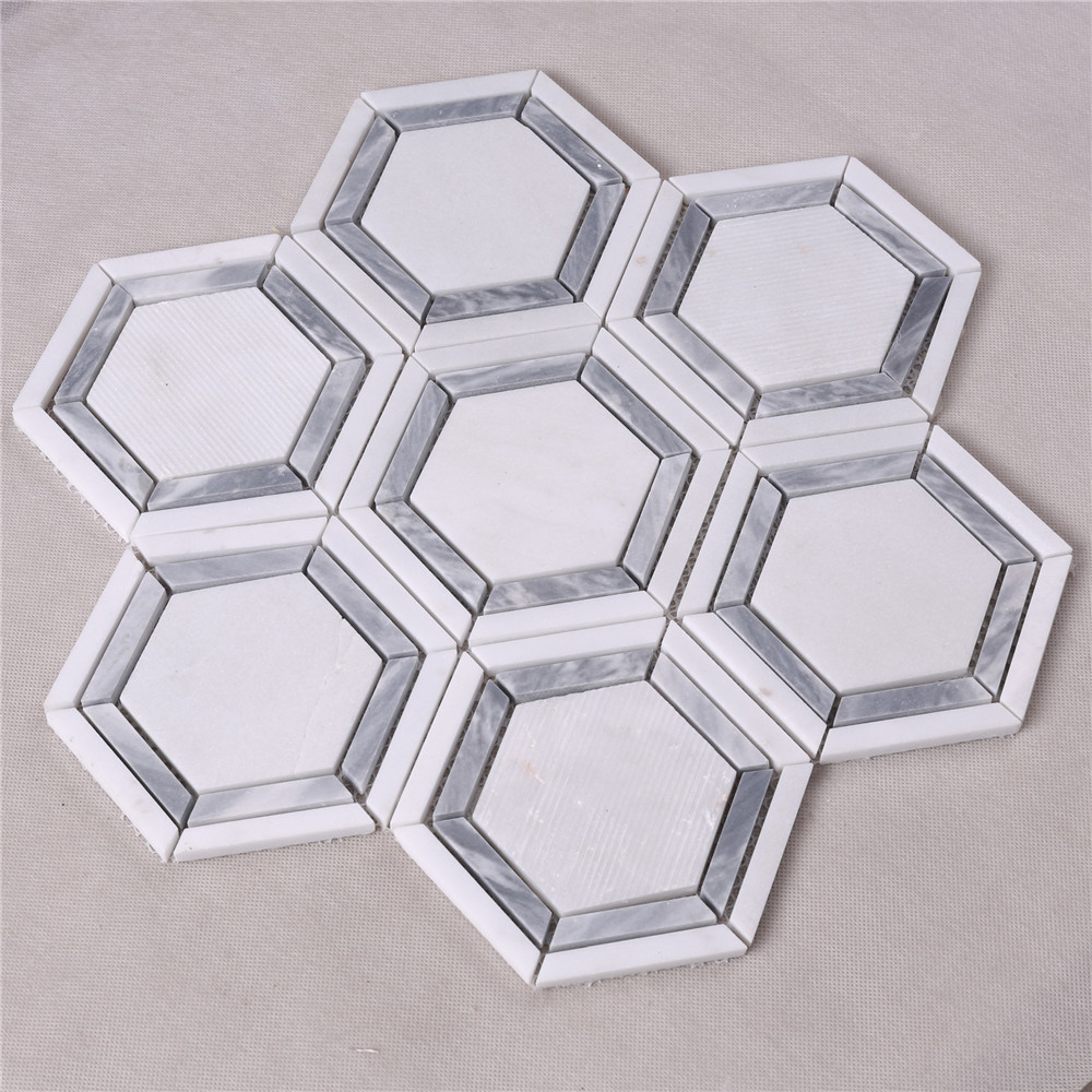 Hexagon White Mixed Gray Strip Marble Mosaic Tile HSC79