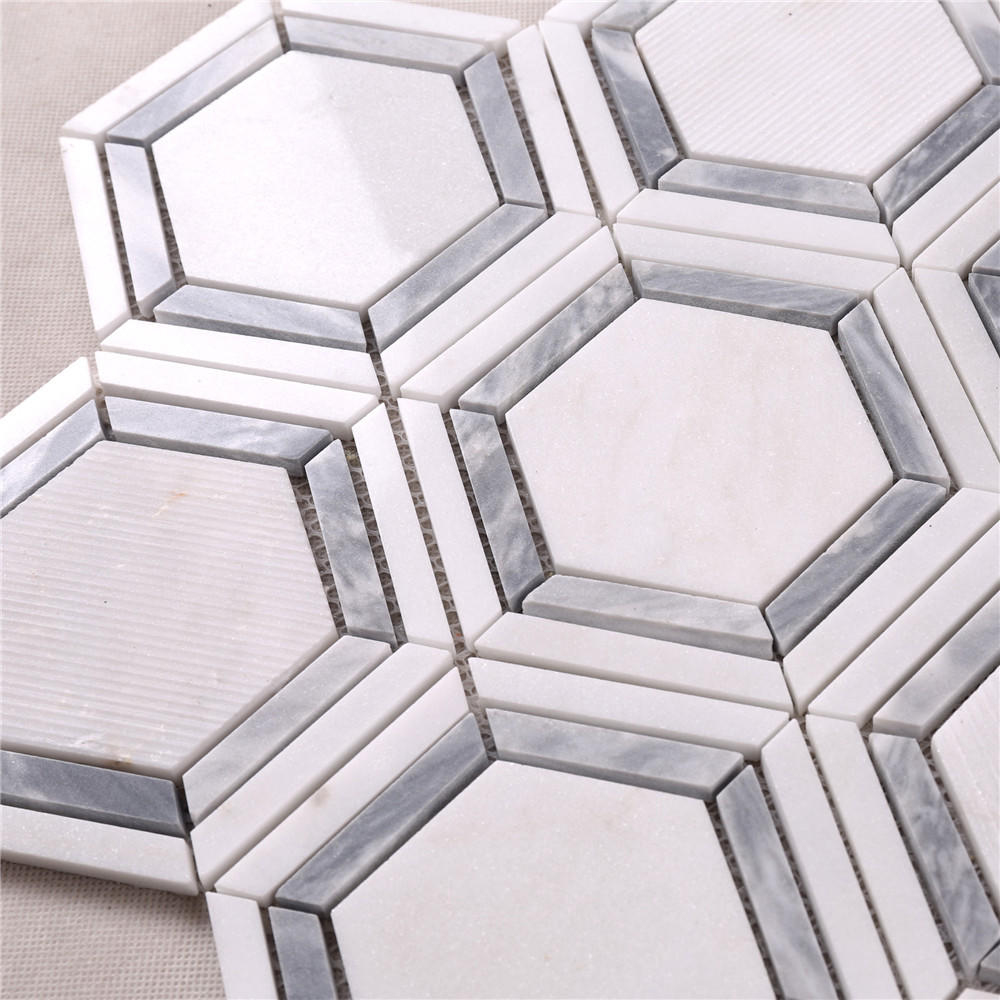 Hexagon White Mixed Gray Strip Marble Mosaic Tile HSC79