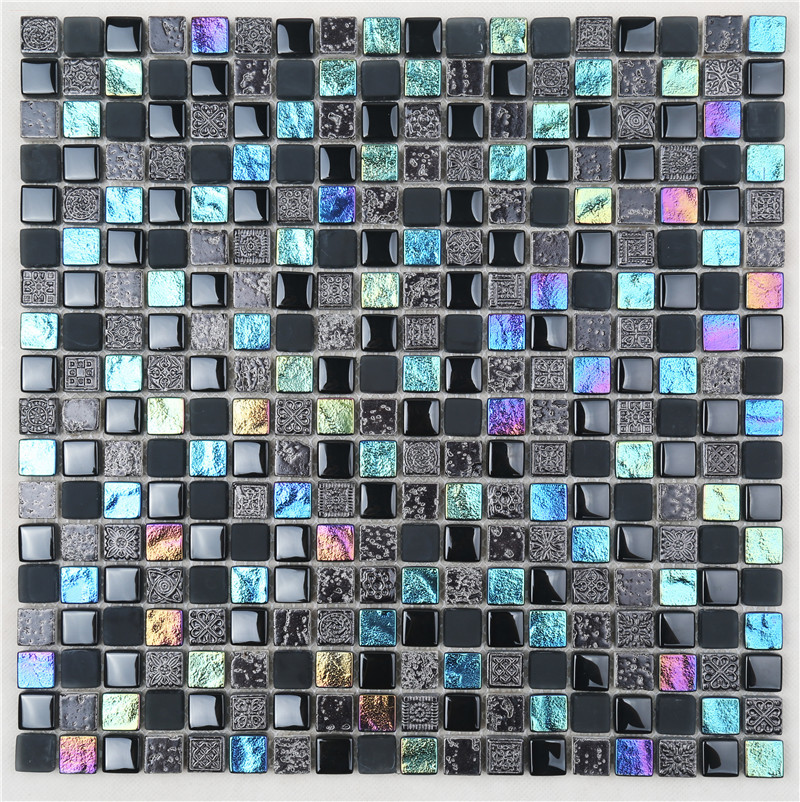 Black Square Shape Iridescent Simple Style Glass Mosaic For Wall