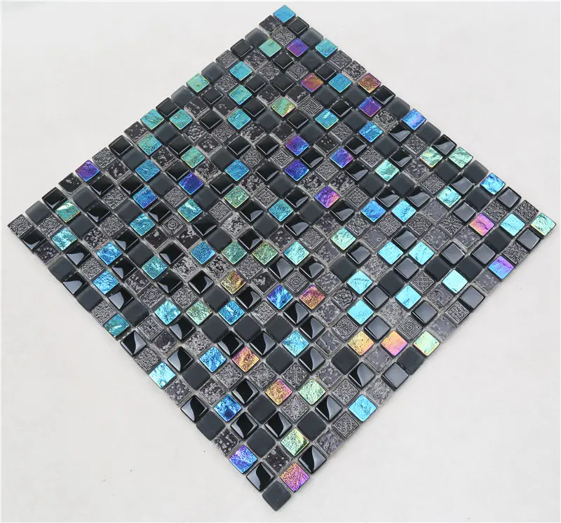 Black Square Shape Iridescent Simple Style Glass Mosaic For Wall