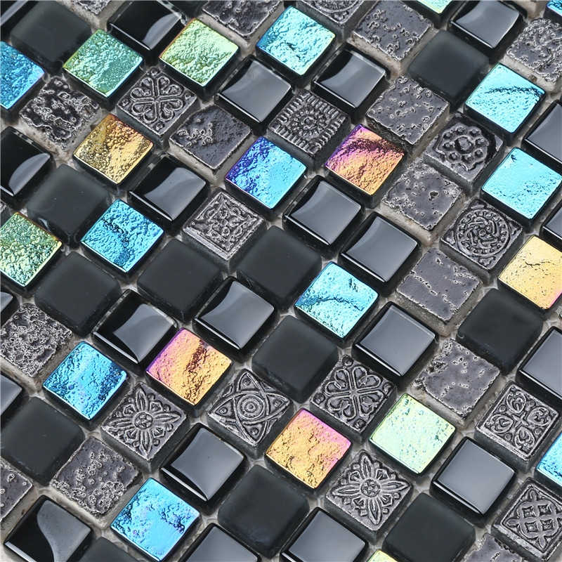 Black Square Shape Iridescent Simple Style Glass Mosaic For Wall