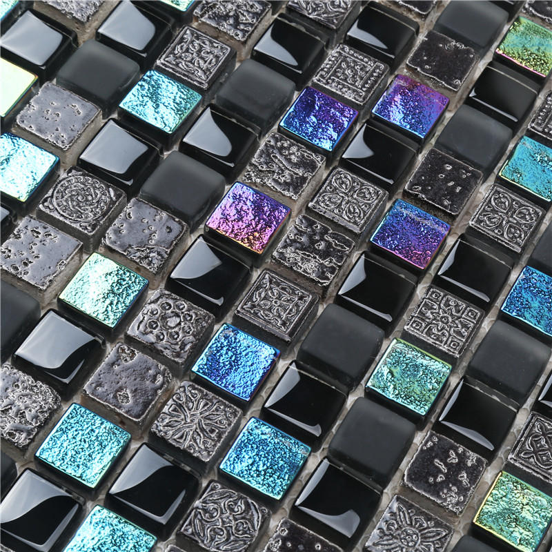 Black Square Shape Iridescent Simple Style Glass Mosaic For Wall
