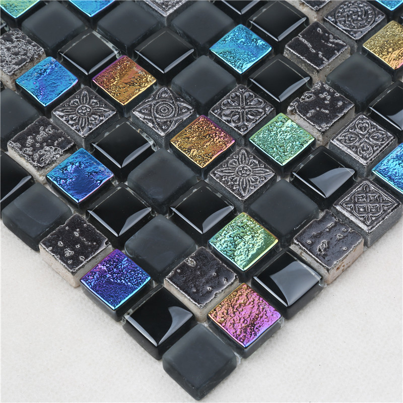 Black Square Shape Iridescent Simple Style Glass Mosaic For Wall