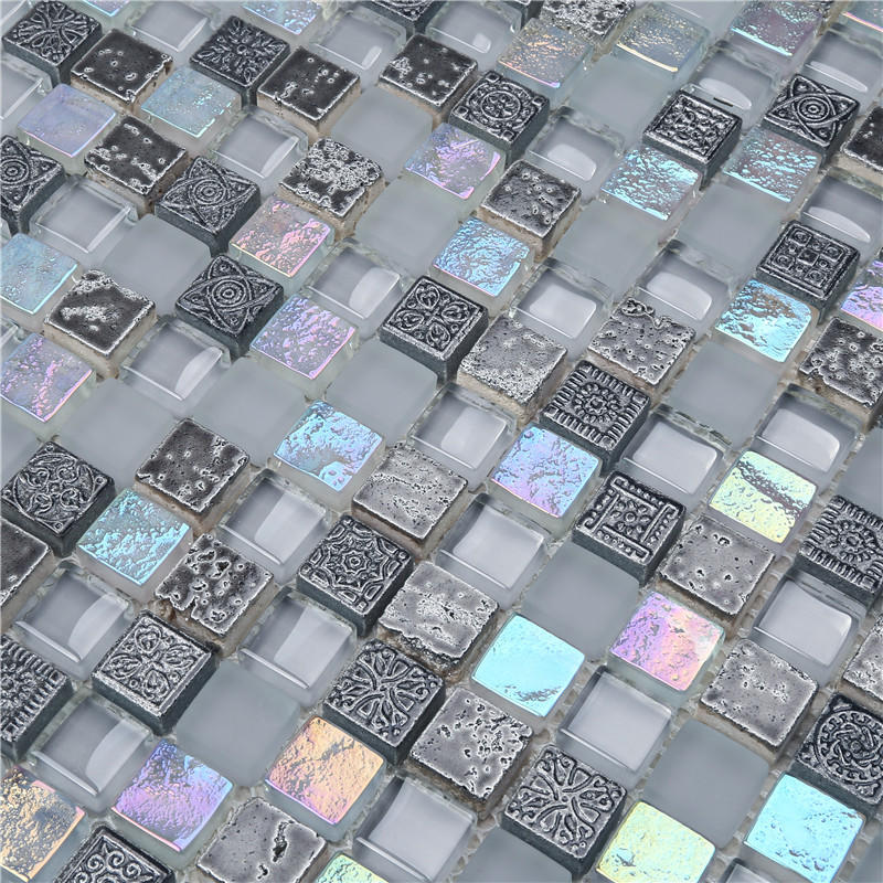 Gray Iridescent Square Shape Classic Glass Mosaic Tiles For Decoration