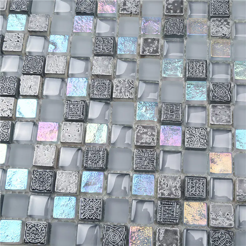 Gray Iridescent Square Shape Classic Glass Mosaic Tiles For Decoration