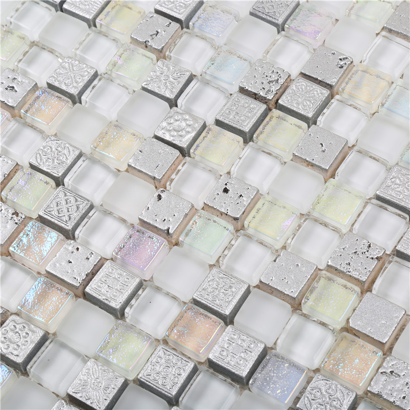 Super White Iridescent Eletrocplating Glass Mosaic For Bathroom Wall