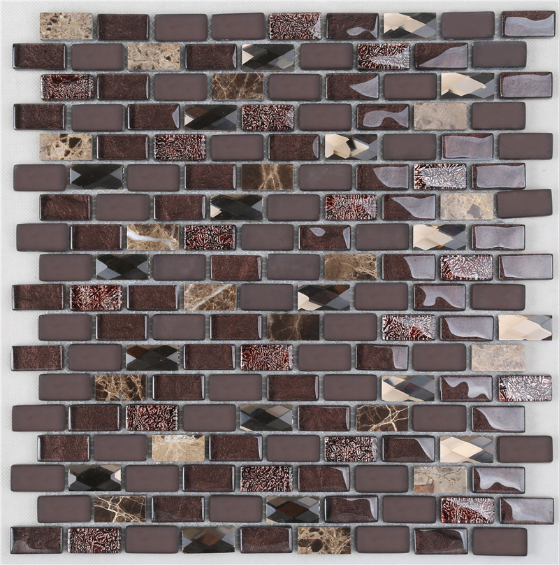 Brown Iridescent Glass Mix Stone Mosaic Tiles For Interior Decoration