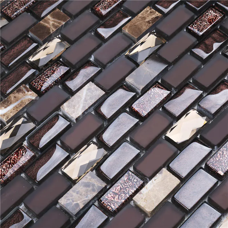 Brown Iridescent Glass Mix Stone Mosaic Tiles For Interior Decoration