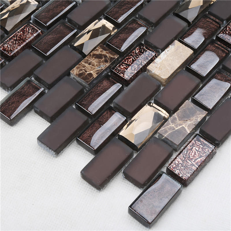 Brown Iridescent Glass Mix Stone Mosaic Tiles For Interior Decoration