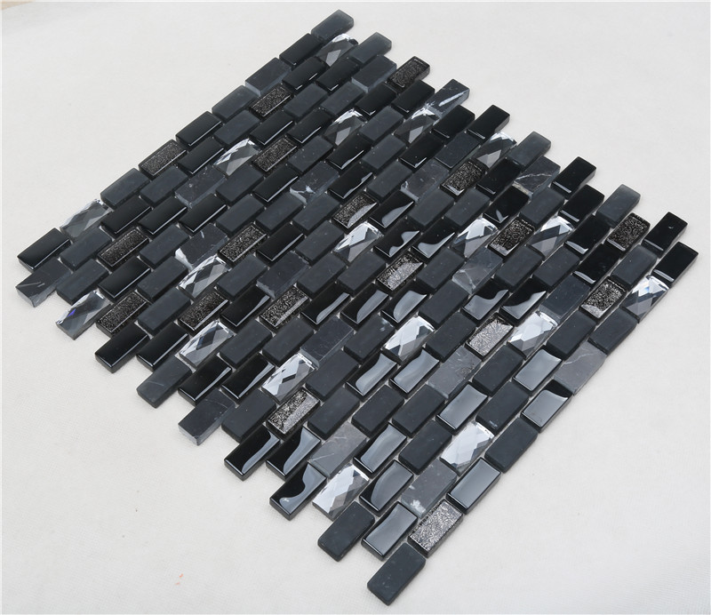 Black Iridescent Diamond Surface Glass Mix Stone Mosaic Tiles For Decoration