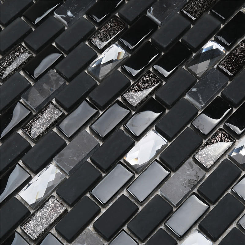 Black Iridescent Diamond Surface Glass Mix Stone Mosaic Tiles For Decoration